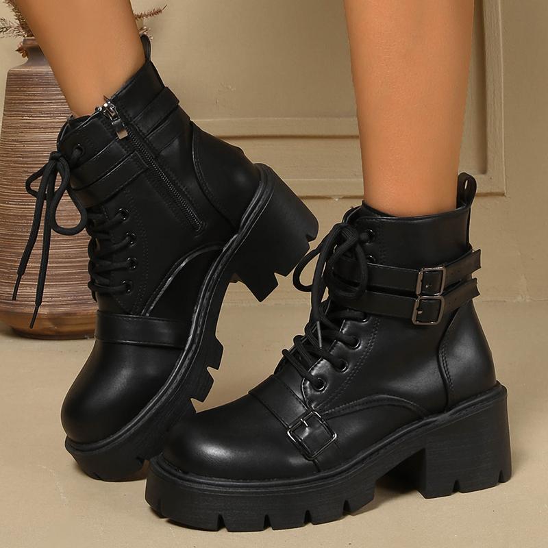 Fashion Chunky Platform Combat Boots for Women Fashion Buckle Strap Thick Heel Ankle Boots Woman Autumn Winter Black PU Leather Booties