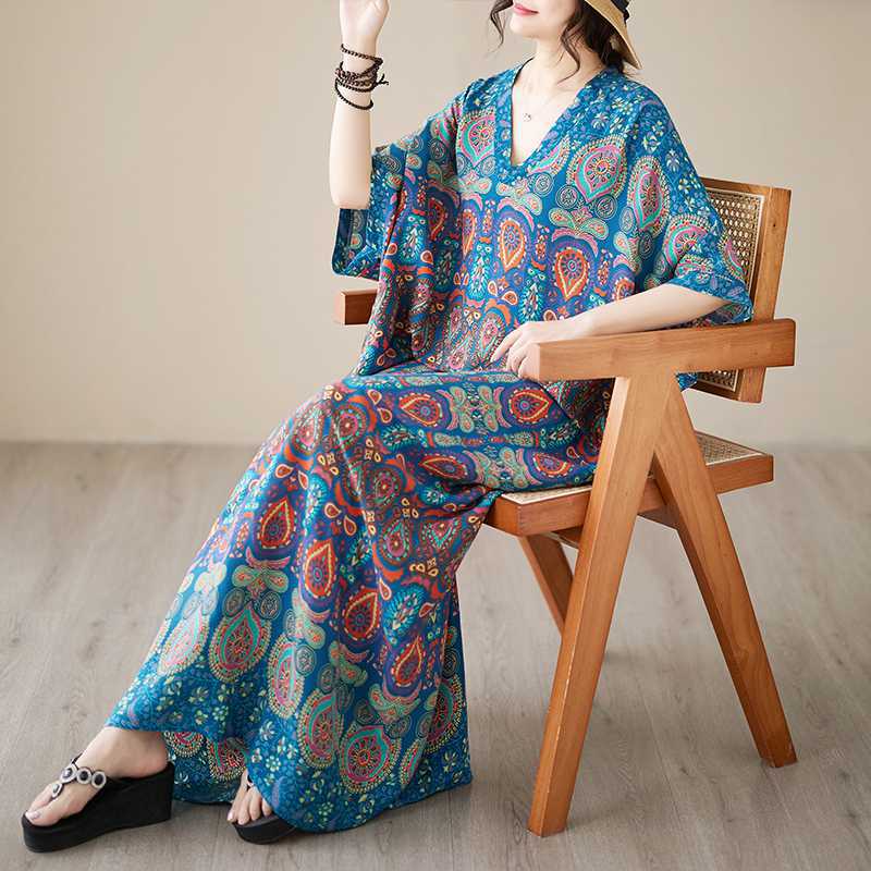 

Летние платья большого размера с V-образным вырезом в стиле литературного отпуска на пляже One Size синий