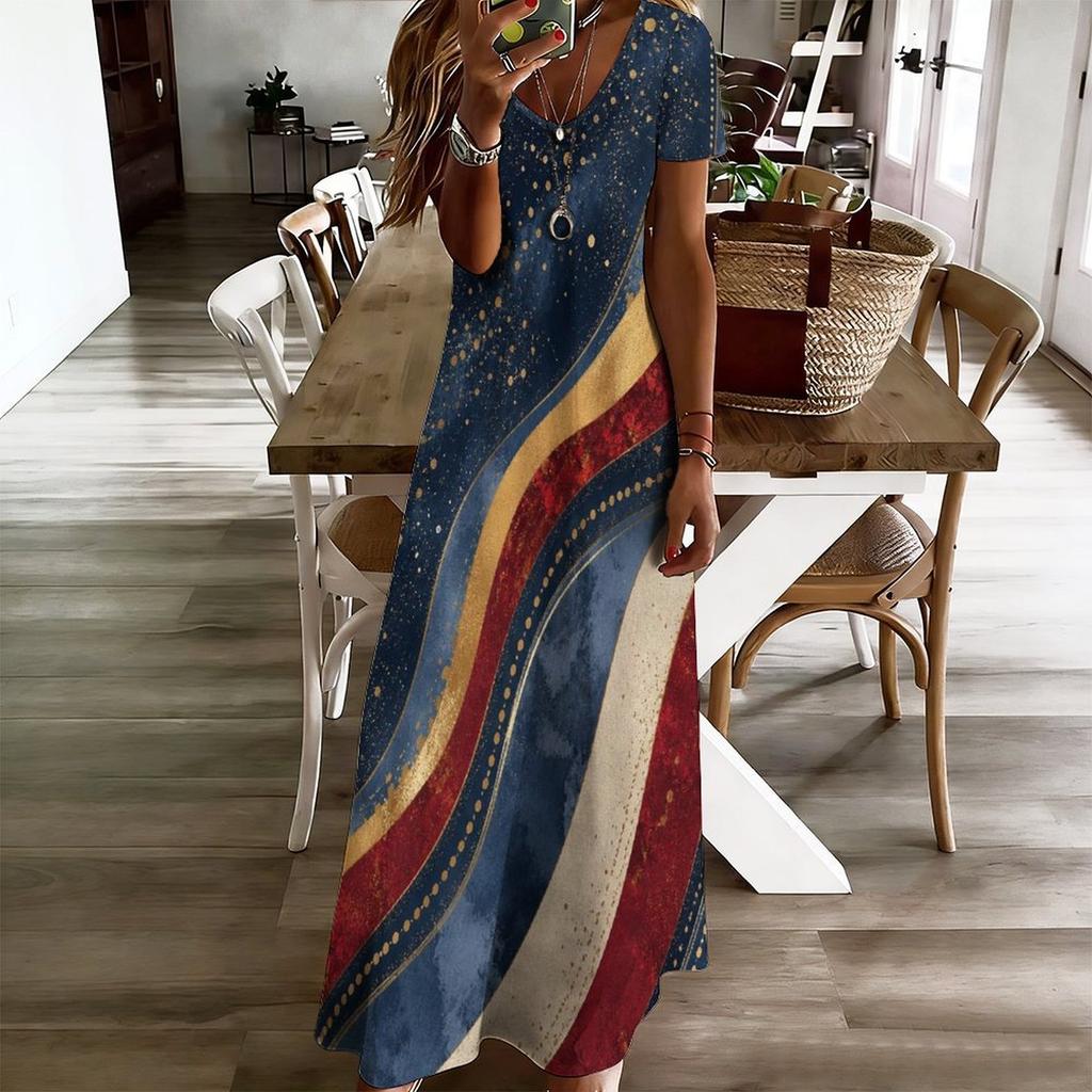 Women Plus Size V Neck Short Sleeve Tropical Leaf Printed Straight Long Dress