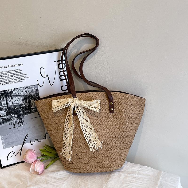 

Летняя новая отпускная пляжная сумка, темпераментная простая плетеная сумка-тоут, большая вместимость, повседневная наплечная сумка No silk scarf хаки