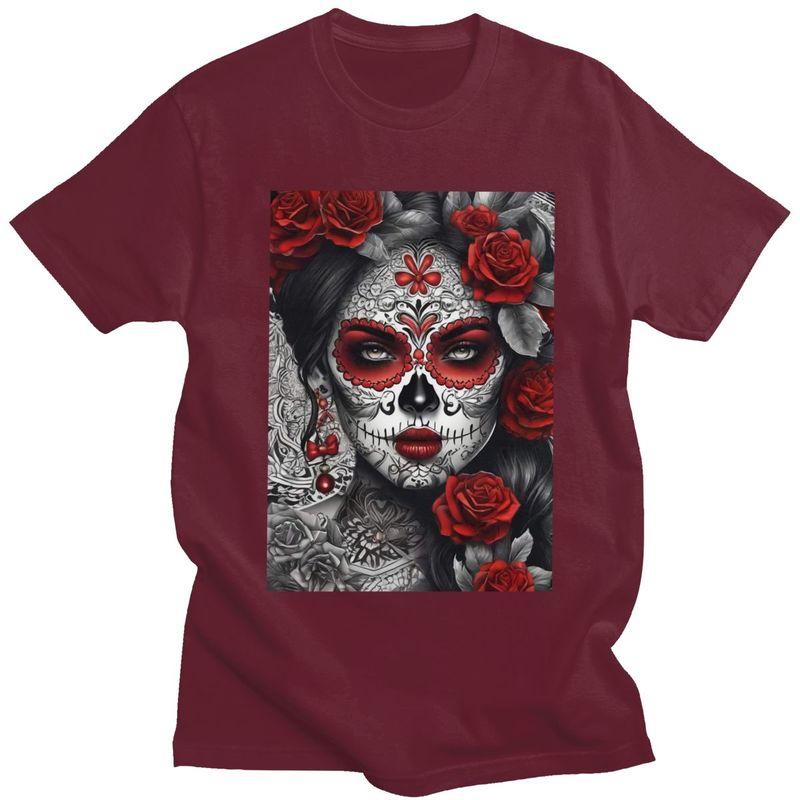 Custom Mexican Catrina Sugar Skull Lady Tshirt for Men Short Sleeves Casual T Shirt Tshirts Slim Fit Pure Cotton Tees Gift