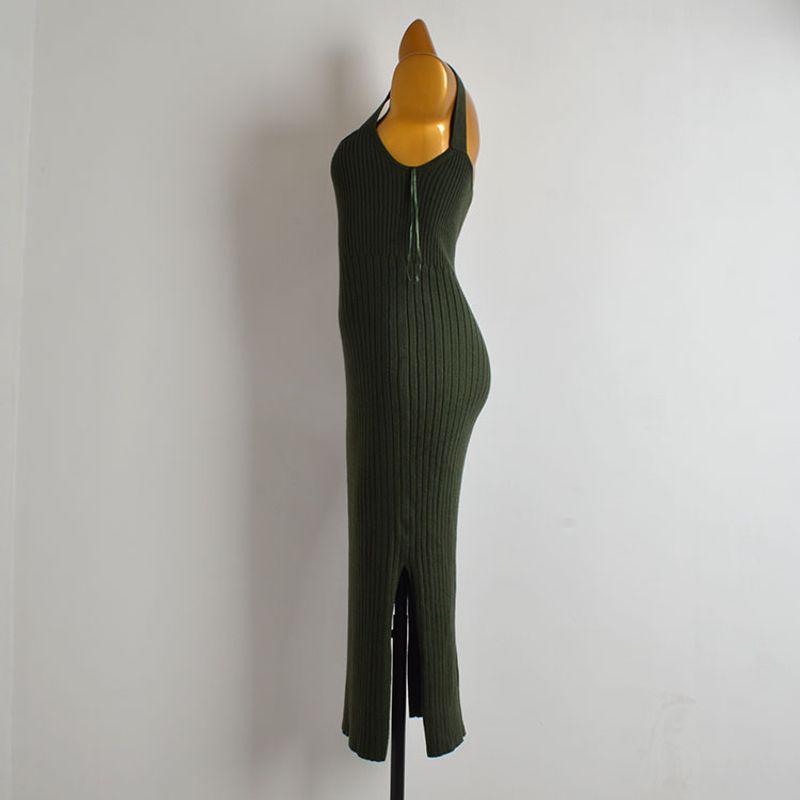 Fashion Style Sexy Square-Neck off-Shoulder Knit Halter Dress Women's Waist-Tight Mid Length Long Length Split Vest Dress