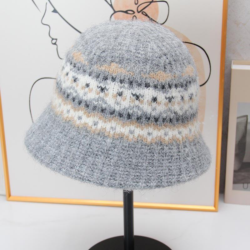 Vintage Fair Island jacquard knitted bucket hat women's autumn and winter plush warm bucket hat literary short brim basin hat