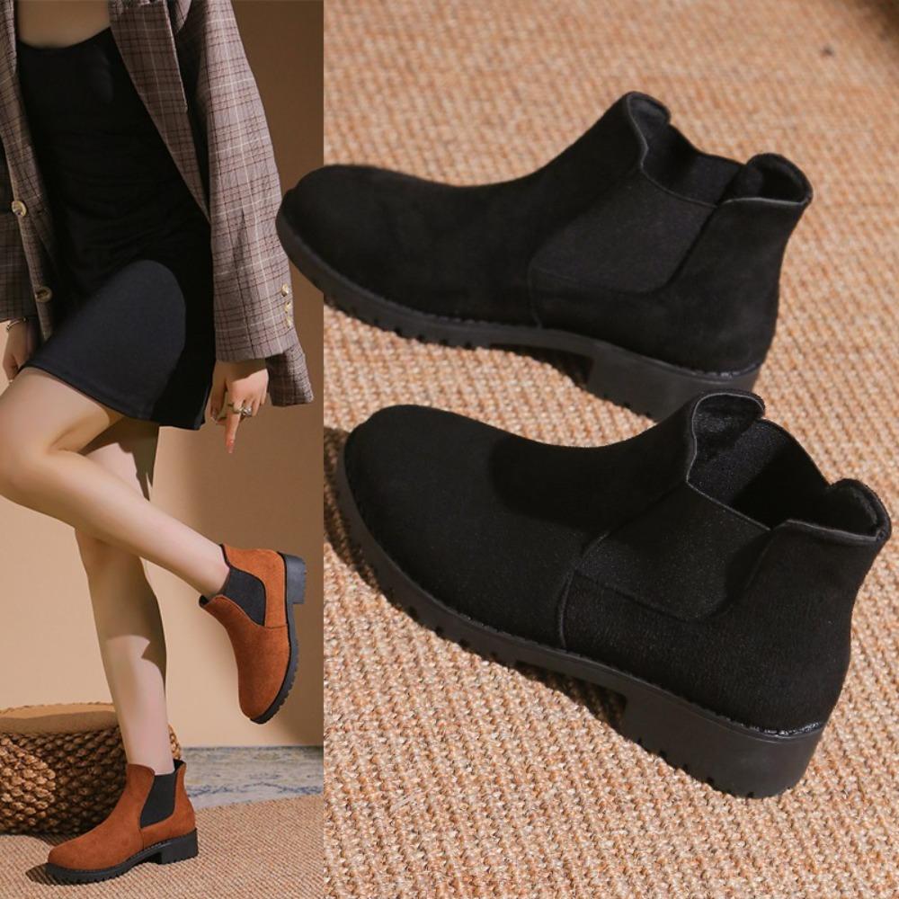Large Size 43 Short Boots Spring Autumn New Ankle Boots Round Head Thick Medium Heel Elastic Short Boots Slip On Casual Shoes