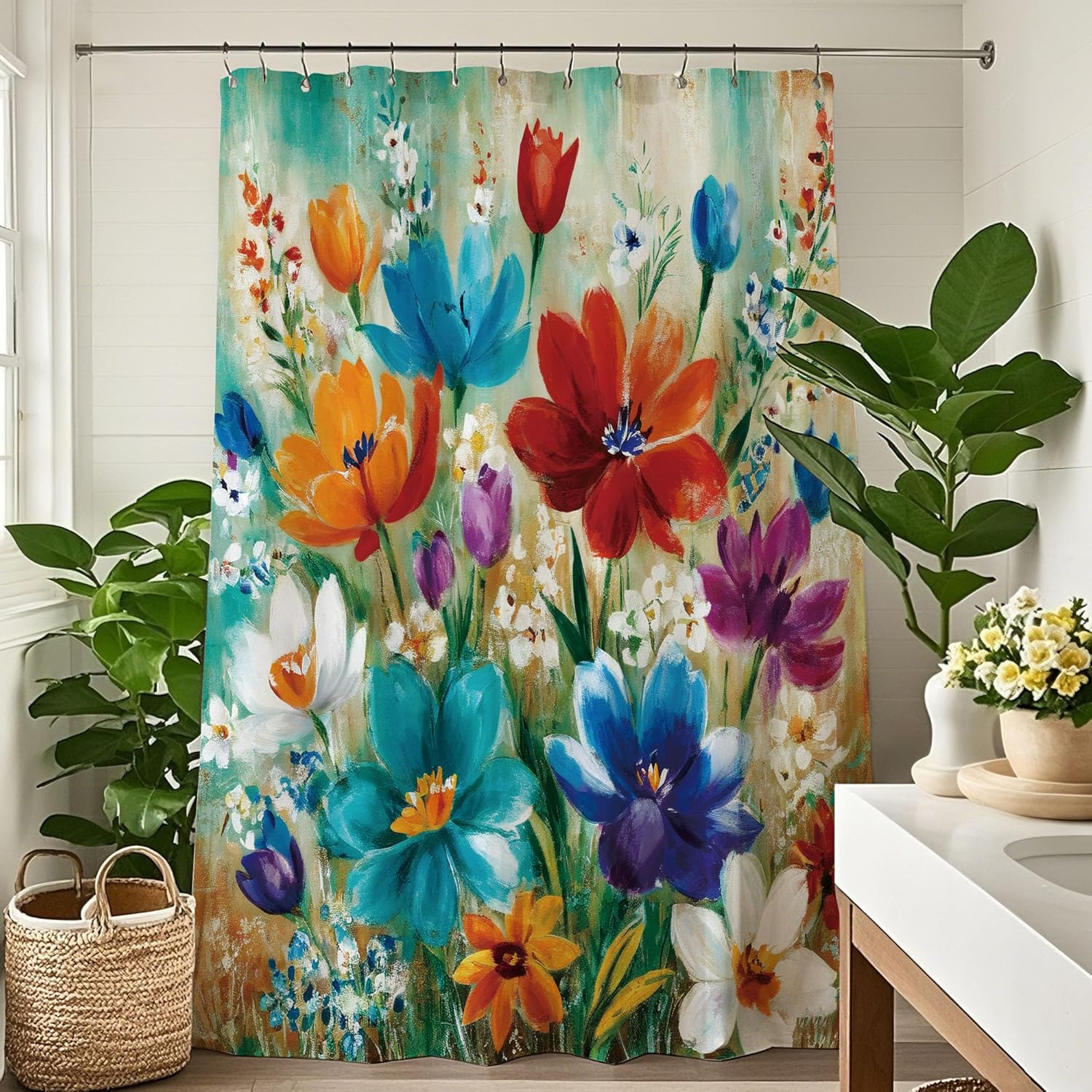 

Colorful Boho Floral Shower Curtain Bohemian Flower Shower Curtains for Bathroom Retro Rustic Oil Painting Spring Rose Bath Aest 90x180cm
