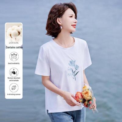 Pastel Embroidered Cotton Short Sleeve T-Shirt for Mid-Aged Women