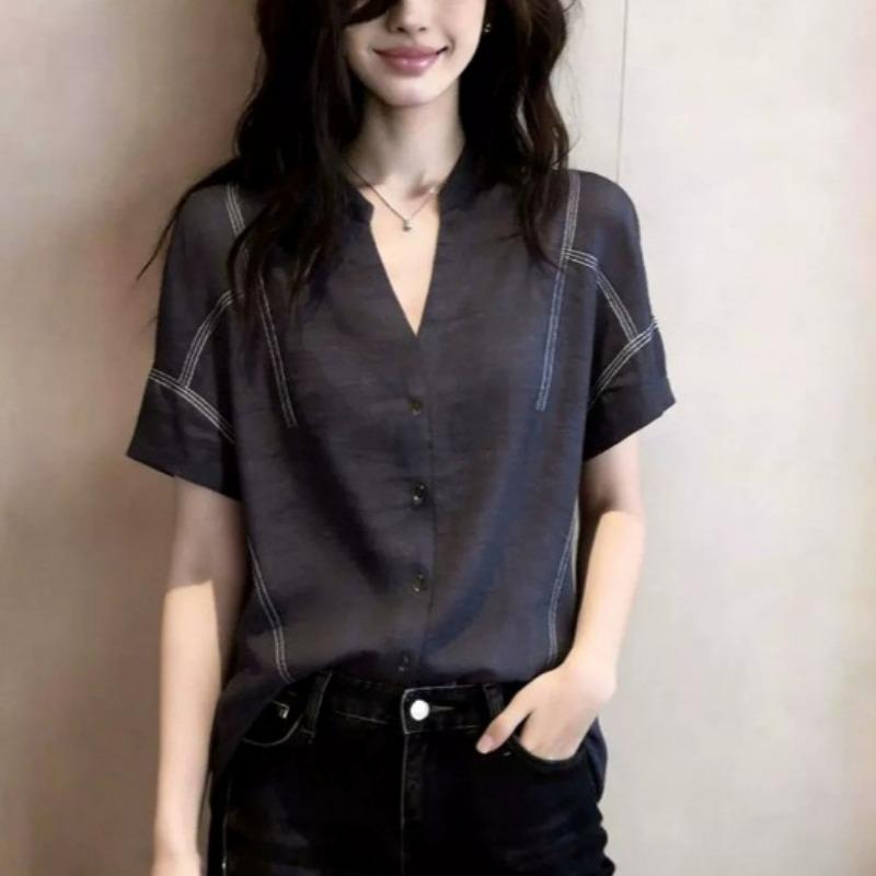 French Design Elegant V Neck Short Sleeve Women Casual Shirt Top S