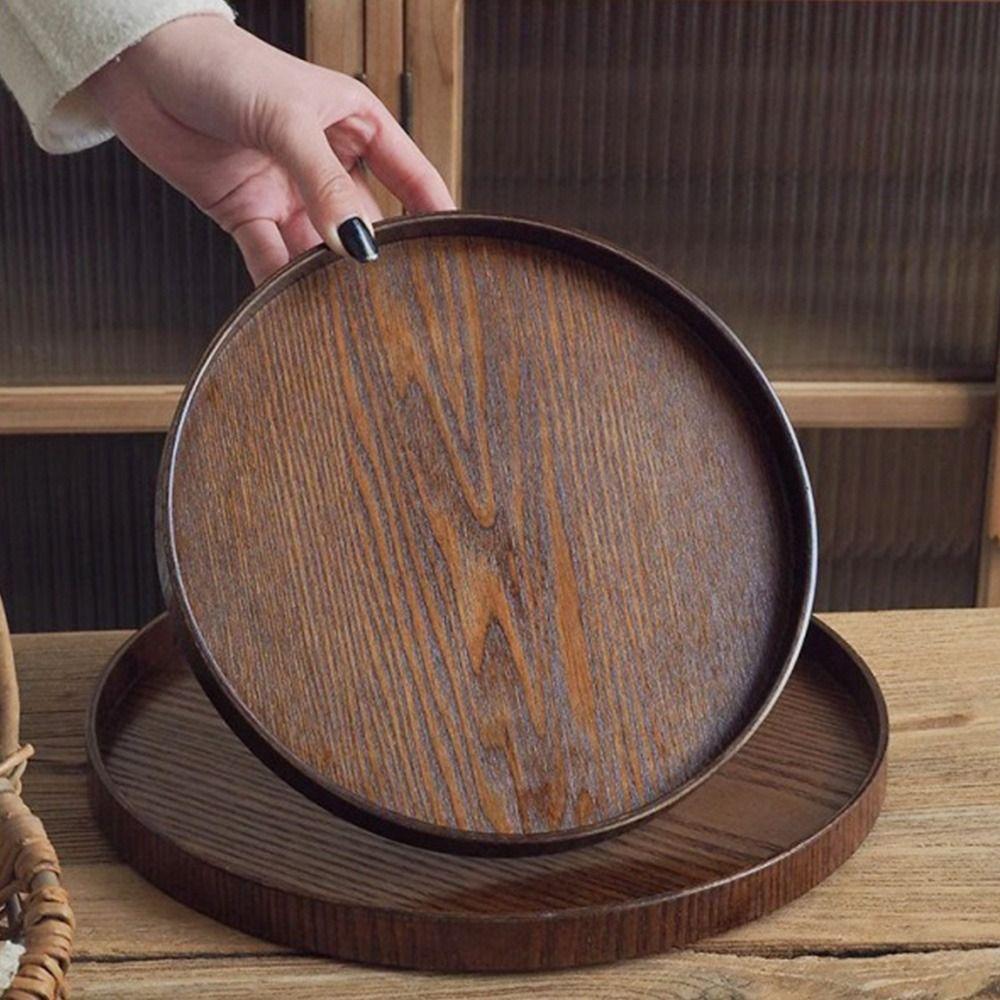 Vintage Round Serving Tray Wooden 21/24/27/30/33cm Decorative Tray Food Bread Pan Coffee Home Table