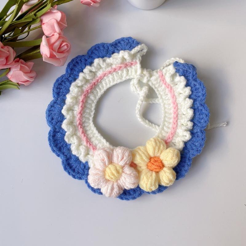 Spring‑Theme Flower Pet Scarf Handmade Wool Wrap Collar Knitted Accessory for Kittens Teddy Large‑Size Dogs