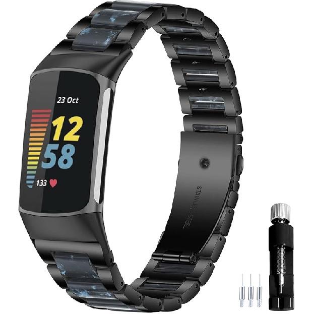 Resin Stainless Steel Watchband Compatible with Fitbit Charge 6 / Charge 5 Smartwatch Wristbands Replacement Metal Strap for Women Men Black-Blue