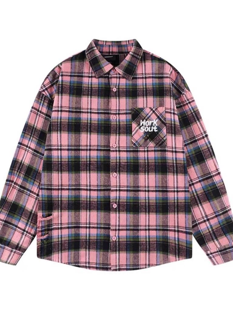 Women's Pink Plaid Embroidered Shirt Jacket - Autumn/Winter Small Size Loose Fit Casual Outerwear
