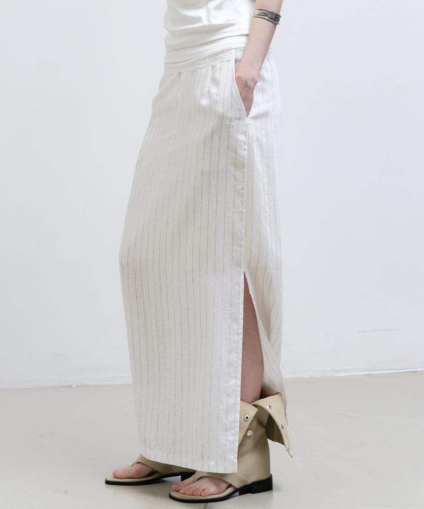 Nigaennikol Linen Stripe Long Skirt_Ivory