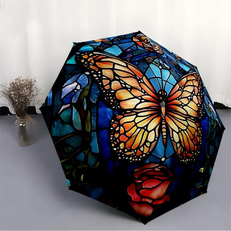 1PC Butterfly StainedGlass Automatic Folding Umbrella Portable Collapsible 8-Rib Umbrella for All Seasons, Casual Outdoor Accessory, A01