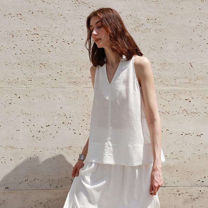 % Linen French V-neck neck vest women's summer new holiday style suspender top shirt T-shirt high-end