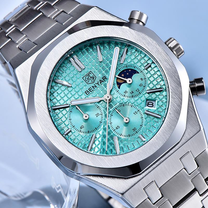 Benyar New 42mm Luxury Men's Quartz Watch PE905 Steel Strap Waterproof Luminous Chronometer Business Reloj Hombre