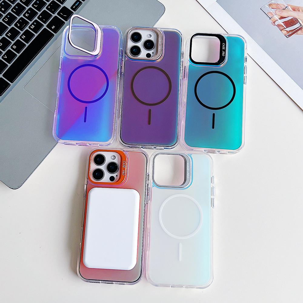 KEYSION Colorful Gradient Magnetic Lens Stand Case for iPhone 11 12 13 Pro Max for MagSafe TPU+PC Shockproof Back Cover