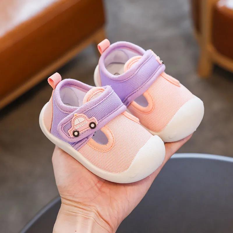 Letní boty pro miminka s měkkou podrážkou, dětské chodící boty s kresleným motivem, lehké boty, dětské protiskluzové a nárazuvzdorné ploché boty