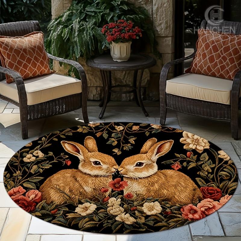 1Pcs Retro Oil Painting Style Bunny Round Carpet Soft Non-Slip Area Rug Colorful Floral Mat for Bedroom Entryway Decor