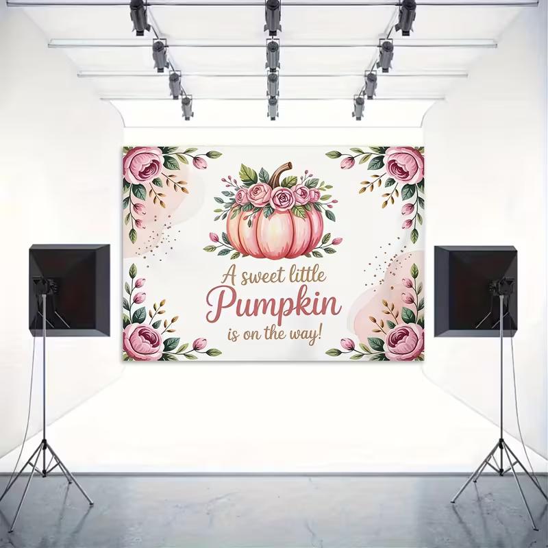 2D Floral Pumpkin Baby Shower Backdrop, Watercolor Pink Rose Pumpkin Party
