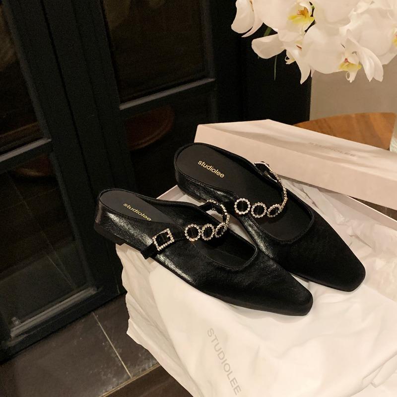 Sheepskin 4cm inner height increase half slippers rhinestone word with shallow mouth versatile bag head slippers