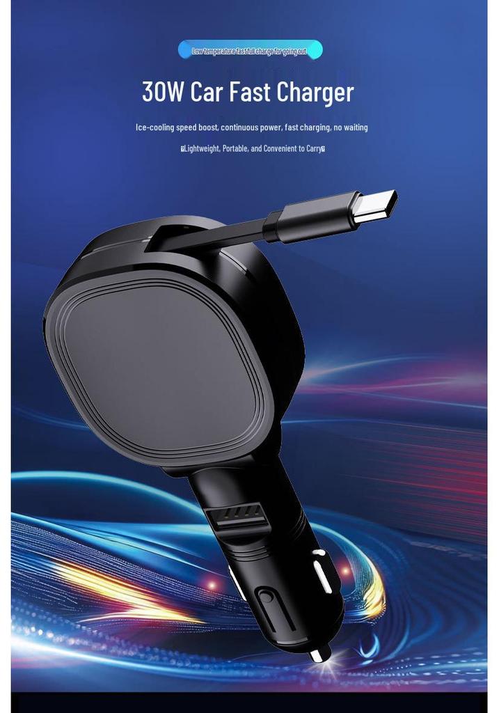 45W Car Charger with Retractable Cable, Fast Charging for Apple, Huawei - Fits Car Cigarette Lighter