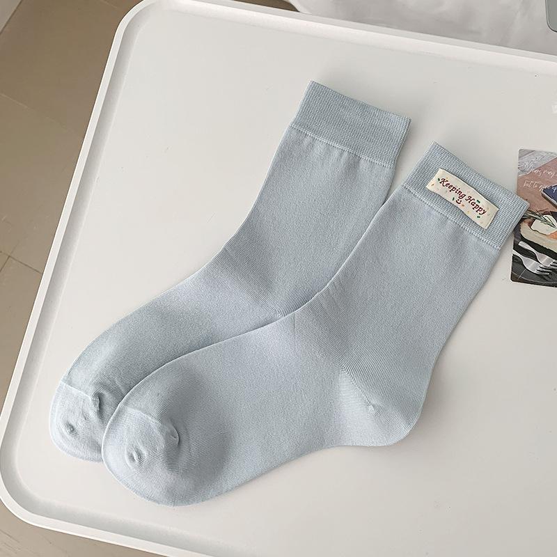 Cloth Label Pile Socks, Girls' Solid Color Simple Style Socks, Spring and Summer Versatile Mid-calf Socks, Women's Cotton Socks