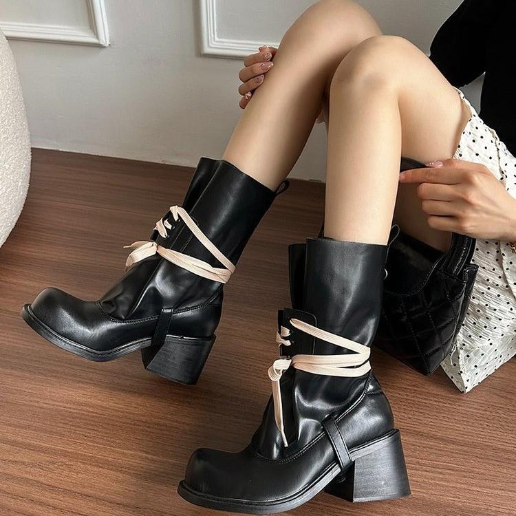 Thick-soled heightening strap explosion 2025 spring and summer new Spice Girls stacking boots thick heel thin round head Martin boots