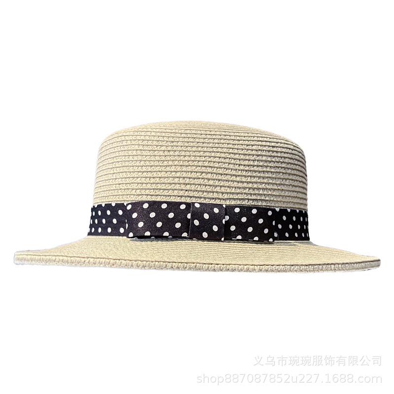French Polka Dot Ribbon Flat Top Hat Women's Summer Sun Protection Straw Hat Simple Flat Edge Basin Hat Outdoor Outing Sun Hat