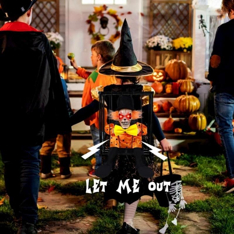 Halloween Animiertes Bewegliches Geisterhaftes In Käfig Hängendes Ornament Mit Rot Glühendem Auge Automatischer Soundeffekt Für Haus Hof Dekoration