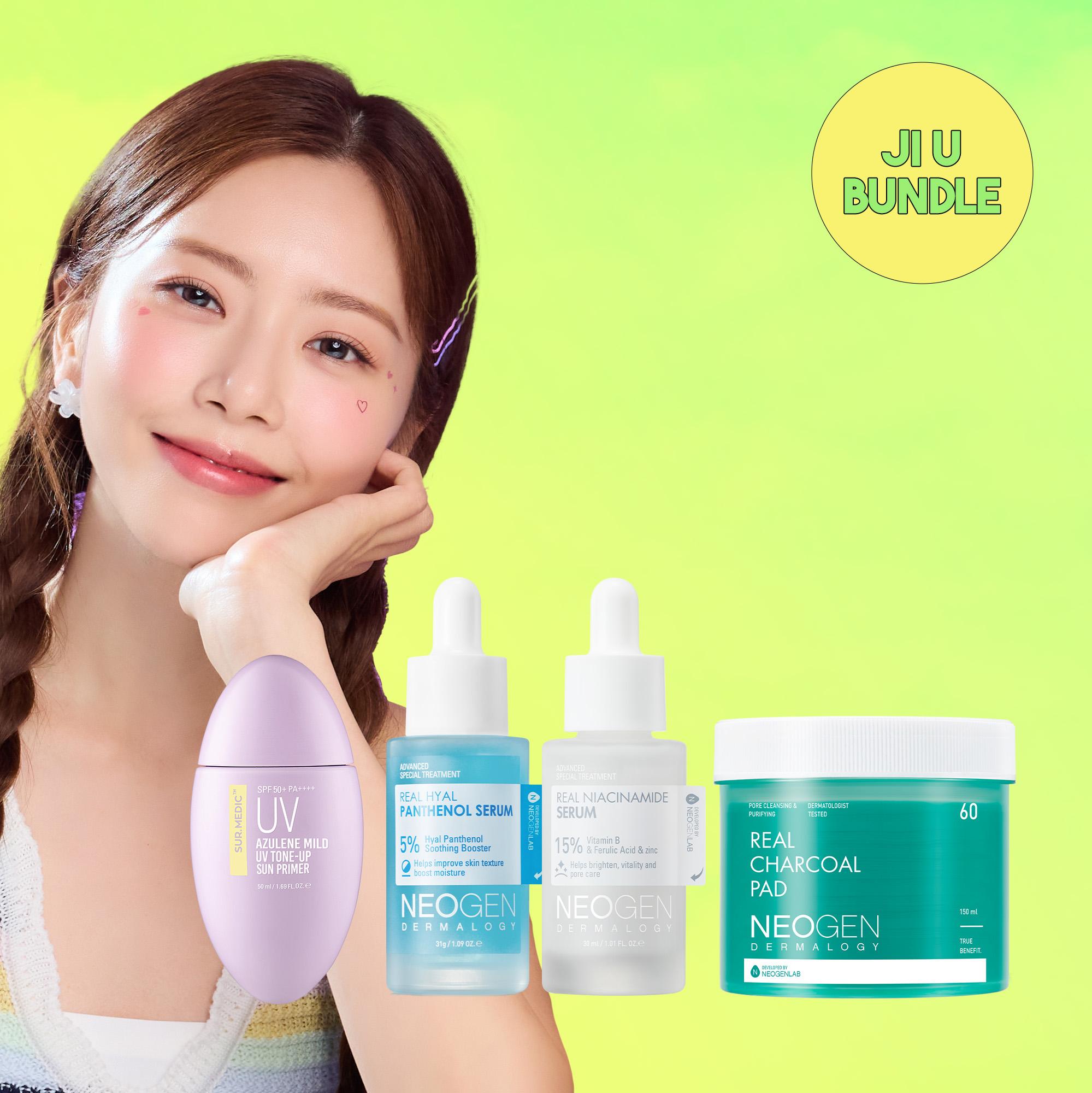 

[JI U BUNDLE] Neogen Real Charcoal Pad, настоящая сыворотка с пантенолом, настоящая ниацинамидная сыворотка 15%, азулен мягкий УФ-тонирующий солнцезащитный праймер + 5 фотокарточек