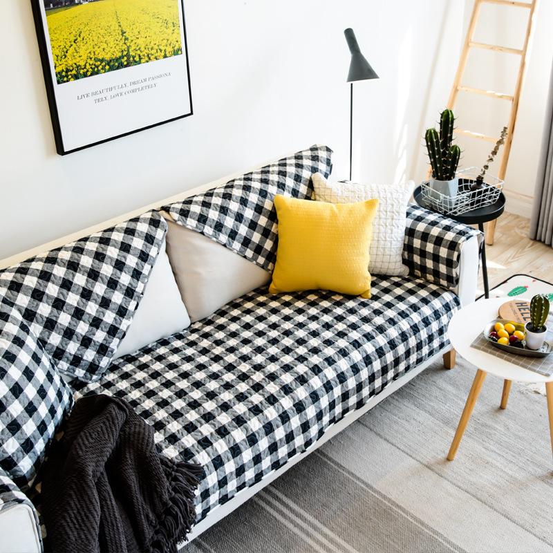Classic All Cotton Fashionable Plaid Sofa Mat with Anti Slip Four Season Fabric, Simple and Modern Universal Sofa Cover and Towel