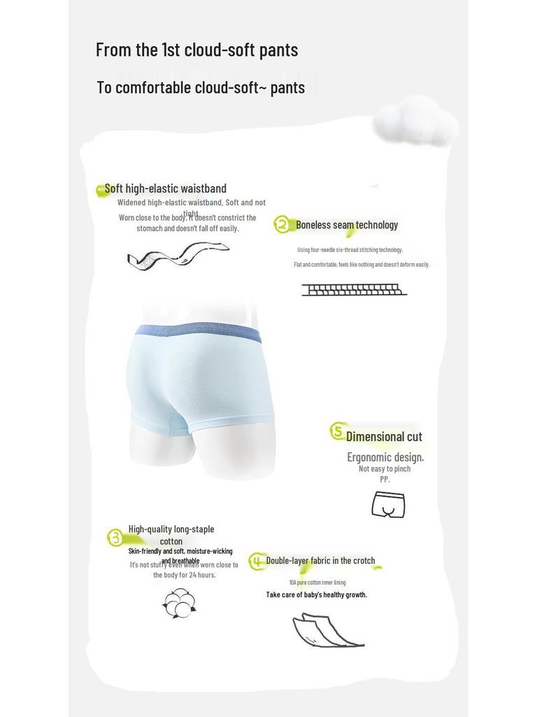 Boys' Pure Cotton Antibacterial Boxer Briefs, Class A, for Teenagers and Older Kids, Comfortable Fit Without Pinching.