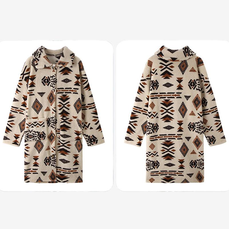 Autumn and Winter Printed Plush Coat Flip Collar Single Breasted Long Sleeved Jacket Women's Warm Comfortable Outerwear Retro Ethnic Style