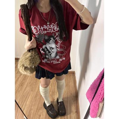 Kawaii Cat Printed Red T-shirty damskie Harajuku Oversized Punk Style Topy Urocze graficzne Koszulki z krótkim rękawem Bawełna Casual