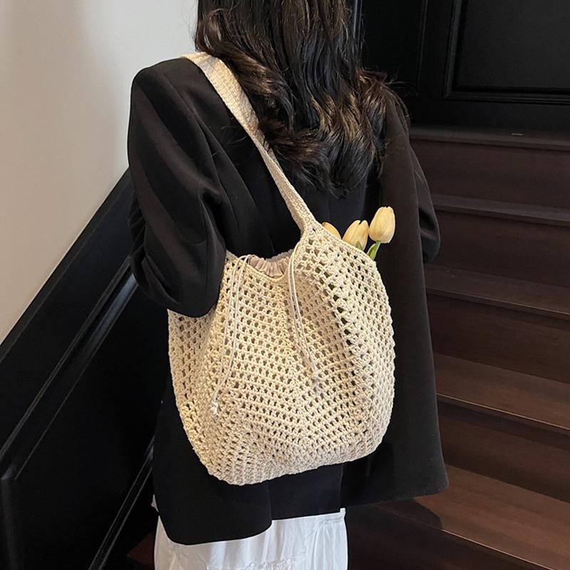 Yogodlns Summer Beach Woven Tote Bag For Women Hollow-out Lightweight Large Capacity Shopper Shoulder Bag with Inner