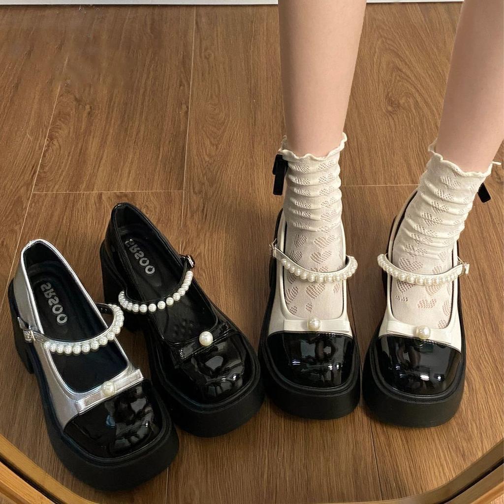 Round-headed Woman Elegant Thick-soled Wind Gentle Small Leather Shoes Bow Mary Jane Shoes Pearl Fairy