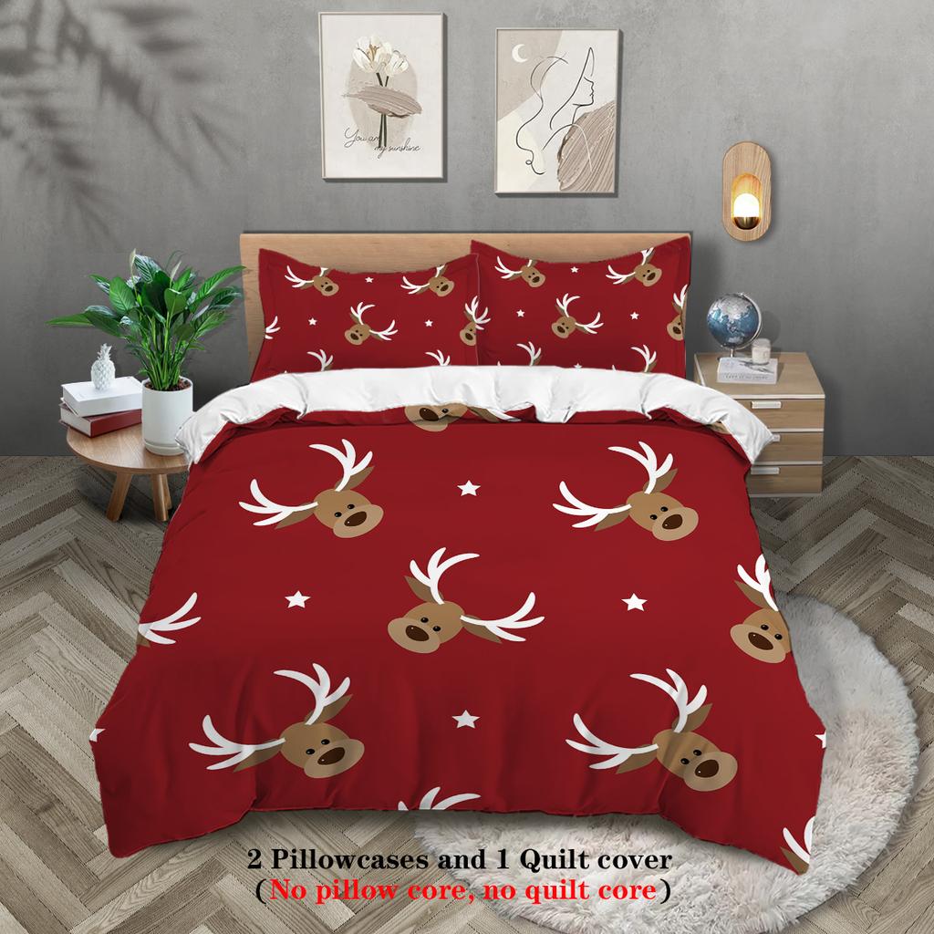 3-piece Christmas themed reindeer pattern print (1 duvet cover+2 pillowcases, no core) soft bedding set