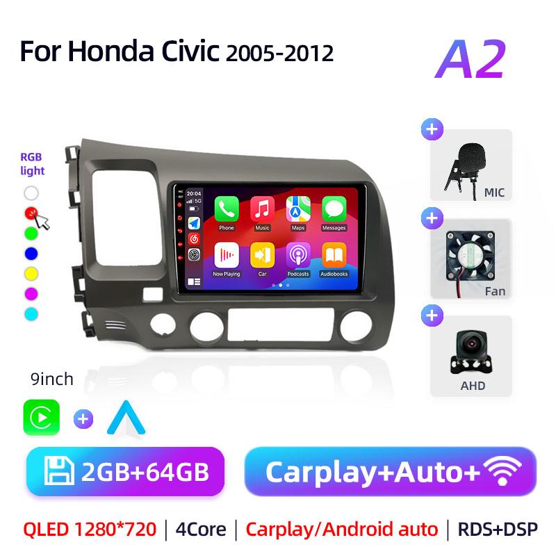 9" Android 12 Carplay Car Stereo Radio for Honda Civic 8 2005 - 2012 Multimedia Player Navigation GPS 2 Din 4G Audio DVD