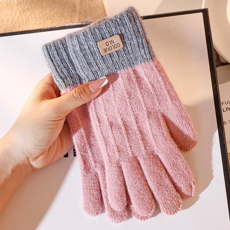 Touch screen gloves women's autumn and winter cute knitted cartoon plush thickened wool finger gloves winter riding warm