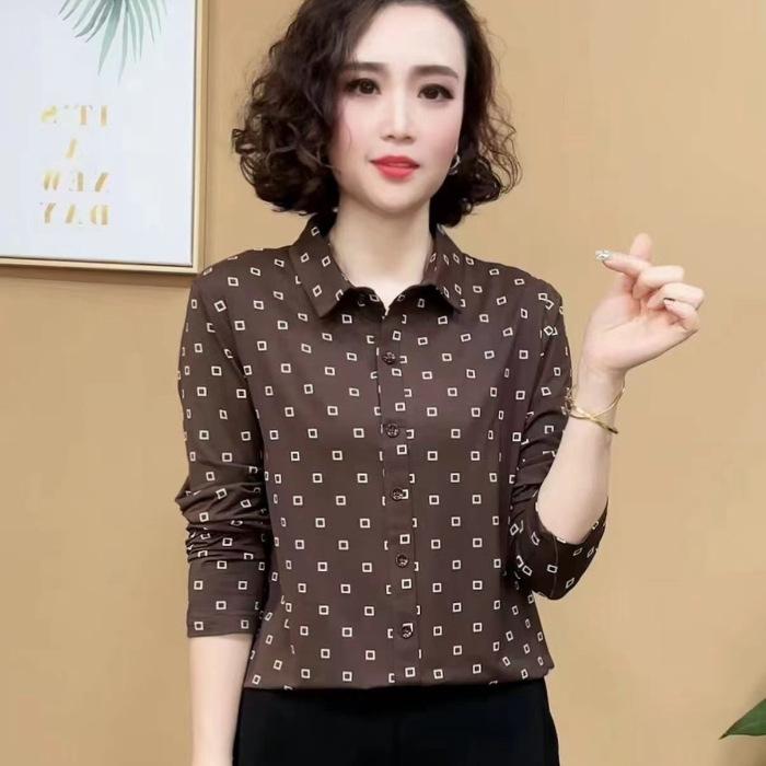 Springtime New Style Style with A Small Necked Shirt and Slim Top Lapel Polka Dot Long-sleeved Shirt