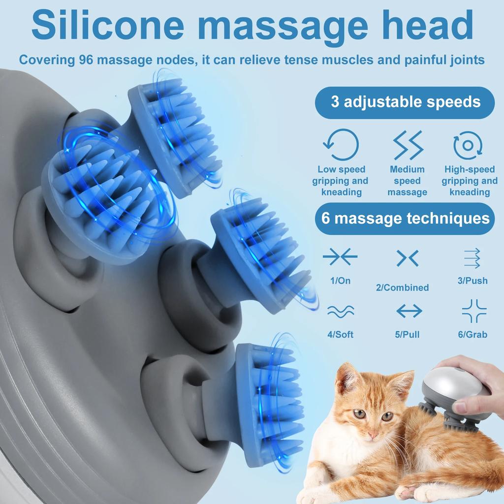Ηλεκτρικό Μασάζ Κατοικίδιων Ζώων Φορητό Χειρός Μασάζ Βαθέος Τριχωτού Κεφαλής με 4 Κεφαλές Μασάζ 3 Λειτουργίες Επαναφορτιζόμενο μέσω USB Αδιάβροχο