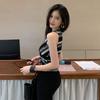 French Retro V-Neck Striped Vest Pleats Irregular Sleeveless Slim Knitted Top For Women