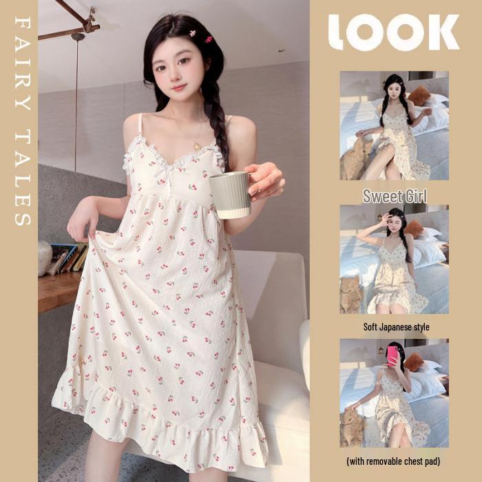 Summer V-Neck Nightdress with Chest Pads - Sexy Bubble Cotton Spaghetti Strap Style: Loose Fit Homewear for Women