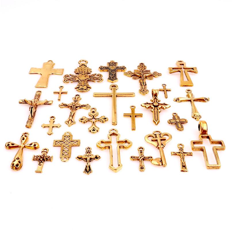 25pcs/Set Lot Vintage Cross Pendant Charms For Jewelry Making Zinc Alloy Jesus Religious Faith Charm Frame Mixed Components