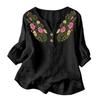Women Floral Pattern Henley Button Neck Shirt Three Quarter Sleeve Casual Cotton Linen Blouse Lightweight Breathable Top