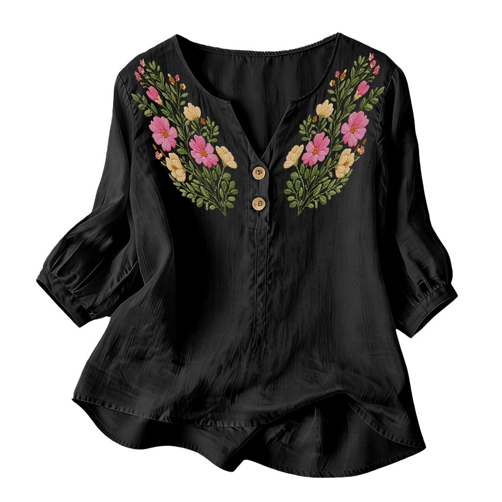 Women Floral Pattern Henley Button Neck Shirt Three Quarter Sleeve Casual Cotton Linen Blouse Lightweight Breathable Top