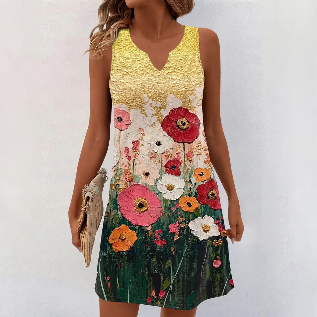 Women Summer Dresses V-Neck Print Sleeveless Sundress Casual Dress