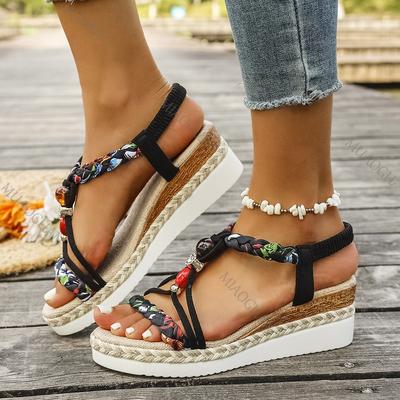 Women's Sandals Summer 2025 Bohemian Style Rhinestone Wedge-heeled Sandal Casual Mixed Color High Heel Open-toe Roman Sandales