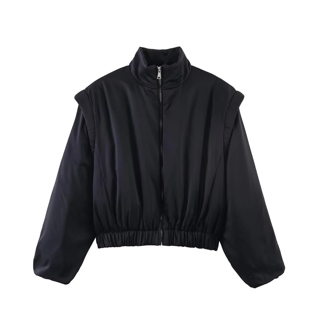 Trendy Purple Satin Bomber Jacket with Stand Collar – Short Cropped Zip-Up Coat for Women Warm Winter Outwear