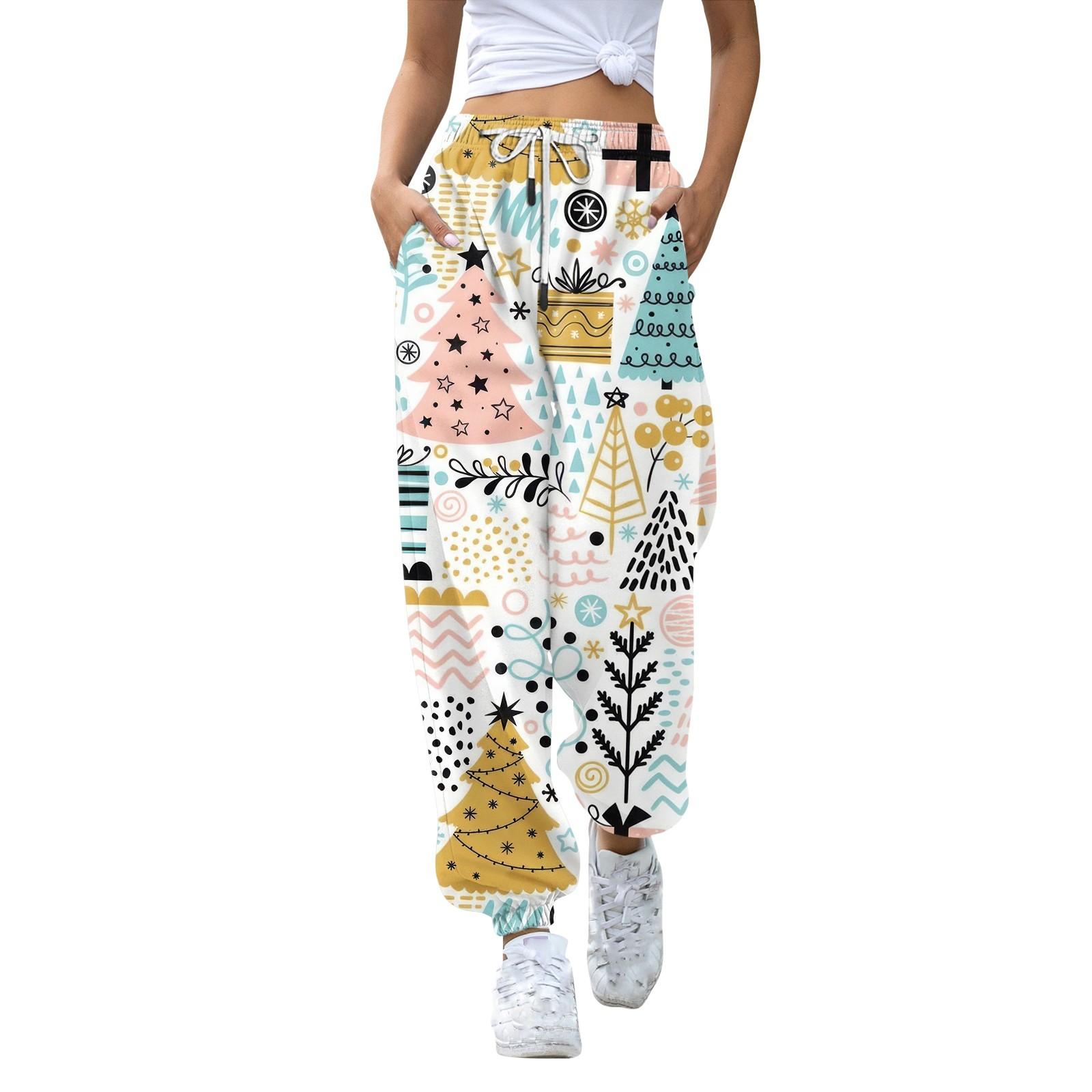 

Жіночі повсякденні модні повсякденні штани з різдвяним принтом Спортивні штани Довгі штани Штани на шнурках з еластичною талією і манжетами S